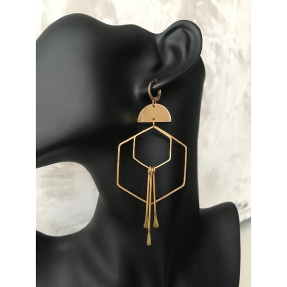 Gold Geometric Hexagon Hoop Fringe Boho Earrings - Picture 1 of 2